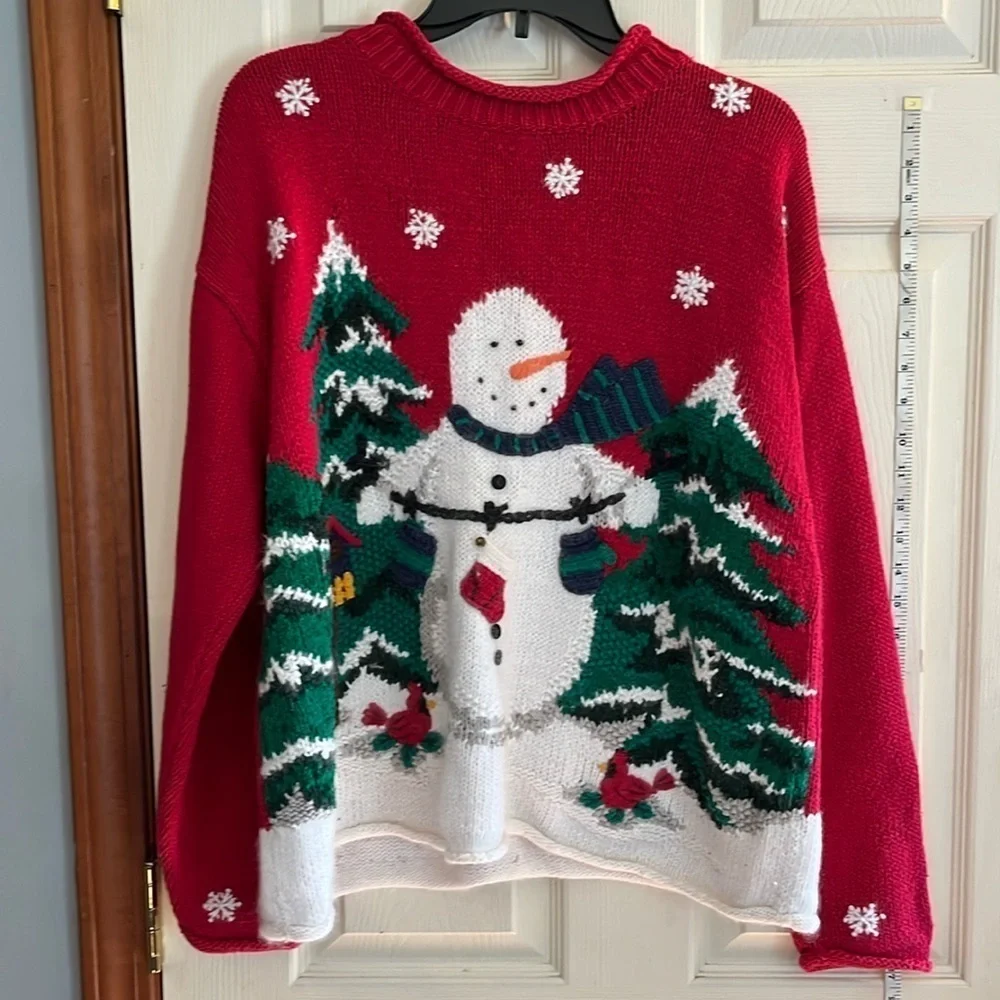 Croft & barrow-L-Snowman, trees, snowflakes, embroidery& crocheted 3-D sweater.